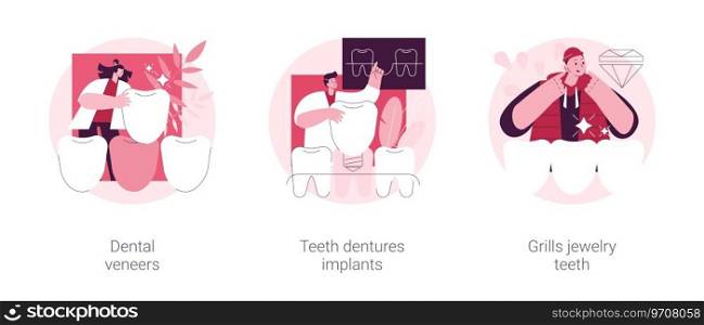 Teeth aesthetics abstract concept vector illustration set. Dental veneers, teeth dentures implant, grills jewelry, celebrity smile, whitening, cosmetic dentistry, orthodontic clinic abstract metaphor.. Teeth aesthetics abstract concept vector illustrations.