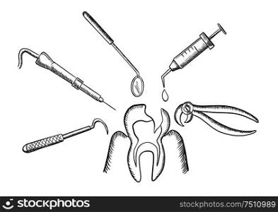 Teeth and dentistry concept in sketch style with a tooth being targeted by dental tools, drill, mirror, an injection and pliers. Teeth and dentistry sketched icons