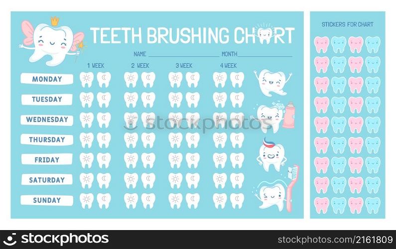 Teeth brushing chart calendar for kids with cartoon character. Cute tooth fairy, brush and paste. Children dental care vector infographic. Stickers for morning and evening hygiene check. Teeth brushing chart calendar for kids with cartoon character. Cute tooth fairy, brush and paste. Children dental care vector infographic