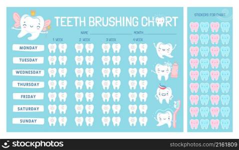 Teeth brushing chart calendar for kids with cartoon character. Cute tooth fairy, brush and paste. Children dental care vector infographic. Stickers for morning and evening hygiene check. Teeth brushing chart calendar for kids with cartoon character. Cute tooth fairy, brush and paste. Children dental care vector infographic