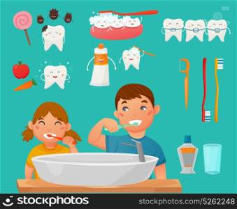 Teeth Brushing Kids Icon Set. Colored and isolated teeth brushing kids icon set with boy and girl wash their faces in the bathroom vector illustration