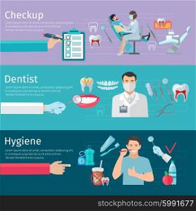 Teeth Care Horizontal Banners. Teeth care horizontal banners set of prophylactic checkup dentist tools and hygiene products flat vector illustration