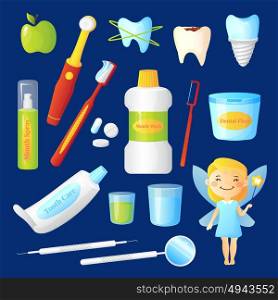 Teeth Care Set. Teeth care set with dentist and health symbols on blue background flat isolated vector illustration
