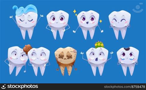 Teeth cartoon characters, clean and dirty tooth personages. Dental whitening and clearing oral cavity, enamel caries, health care, stone, toothpaste isolated on blue background, Vector illustration. Teeth cartoon characters, clean and dirty tooth