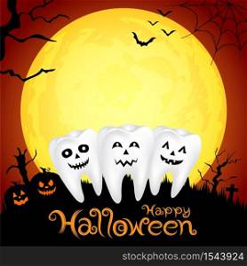 Teeth character with pumpkin in moon night on halloween. Illustration for banner, poster, greeting card