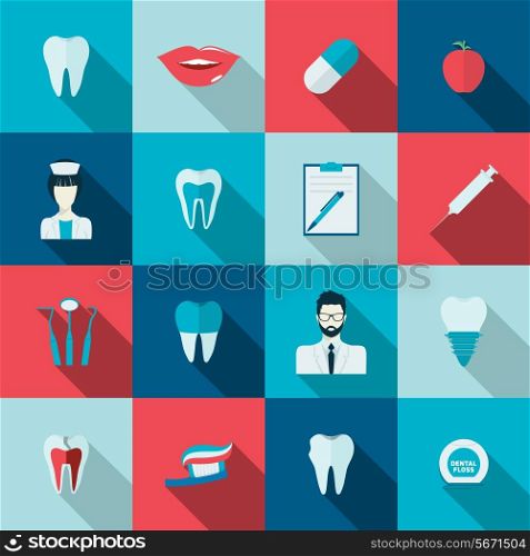 Teeth dental health flat icons set with nurse pulp dentist caries isolated vector illustration