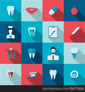 Teeth dental health flat icons set with nurse pulp dentist caries isolated vector illustration