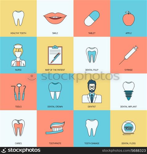 Teeth dental health flat icons set with smile tablet apple isolated vector illustration
