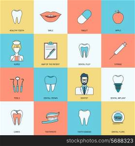 Teeth dental health flat icons set with smile tablet apple isolated vector illustration