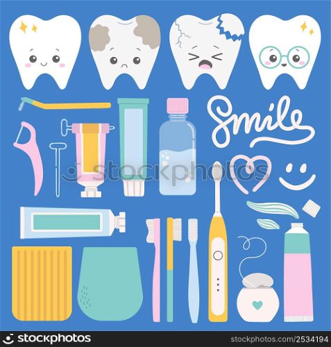 Teeth health care set flat vector illustration with tooth, tooth brush, tooth paste and other accessories