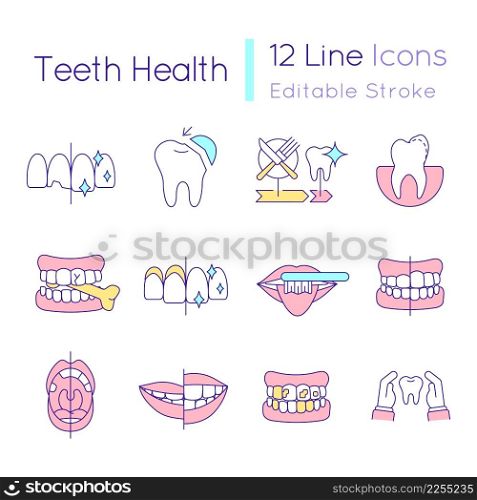 Teeth health RGB color icons set. Cosmetic dentistry. Promoting oral care. Isolated vector illustrations. Simple filled line drawings collection. Editable stroke. Quicksand-Light font used. Teeth health RGB color icons set