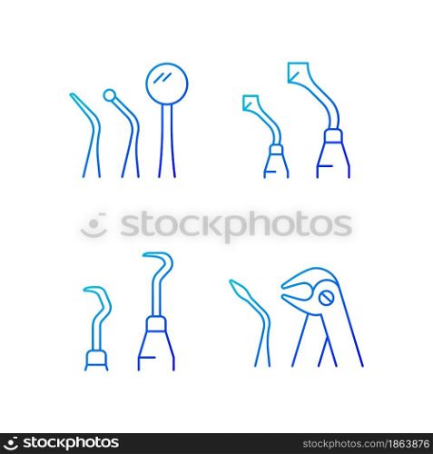 Teeth repairing treatment gradient linear vector icons set. Periodontal procedure. Examining patient oral cavity. Thin line contour symbols bundle. Isolated outline illustrations collection. Teeth repairing treatment gradient linear vector icons set