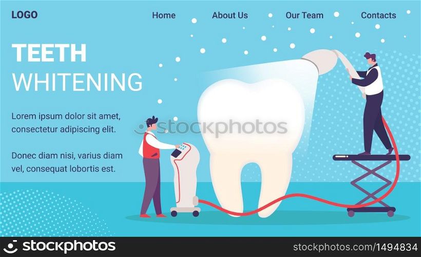 Teeth Whitening Innovative Technology, Dental Clinic, Stomatology Service Trendy Flat Vector Vector Web Banner, Landing Page Template. Dentist Bleaching Toot with Laser, Led, Plasma Light Illustration