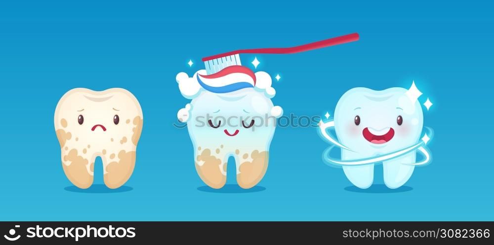 Teeth whitening. Tooth before and after cleaning with toothpaste and toothbrush, dental plaque removal procedure white happy and yellow moody tooth, kids oral care children dentistry clinic vector set. Teeth whitening. Tooth before and after cleaning with toothpaste, dental plaque removal procedure white happy and yellow moody tooth, kids oral care children dentistry clinic vector set