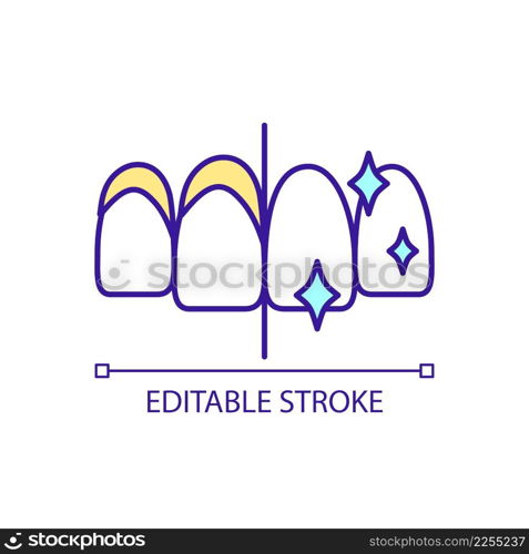 Teeth whitening treatment RGB color icon. Bleaching procedure. Cosmetic dentistry. Install porcelain veneers. Isolated vector illustration. Simple filled line drawing. Editable stroke. Arial font used. Teeth whitening treatment RGB color icon
