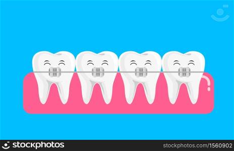 Teeth with braces icon design. Orthodontic braces flat icon for web and mobile, modern flat design. Vector illustration isolated on blue background.