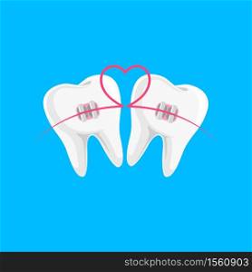 Teeth with braces icon design with heart line. Orthodontic braces flat icon for web and mobile, modern flat design. Vector illustration isolated on blue background.