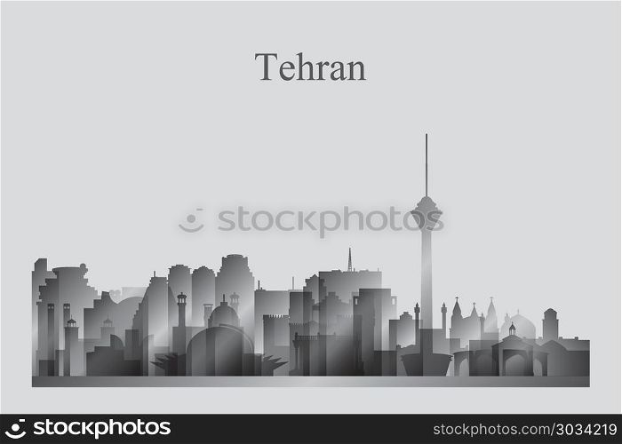 Tehran city skyline silhouette in grayscale vector illustration. Tehran city skyline silhouette in grayscale