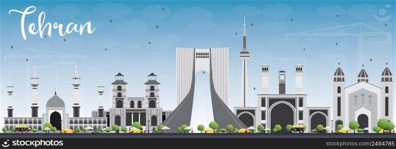 Tehran Skyline with Gray Landmarks and Blue Sky. Vector Illustration. Business Travel and Tourism Concept with Historic Buildings. Image for Presentation Banner Placard and Web Site.