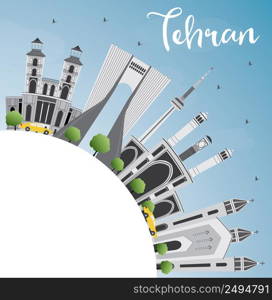 Tehran Skyline with Gray Landmarks, Blue Sky and Copy Space. Vector Illustration. Business Travel and Tourism Concept with Historic Buildings. Image for Presentation Banner Placard and Web Site.