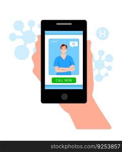 Tele medicine, online doctor and medical consultation concept. Male doctor helps a patient on a mobile phone. Flat cartoon style vector illustration. Smartphone screen web site.