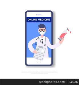 Tele medicine. Online medicine. Medical consultant concept. People wearing mask fight covid-19. Coronavirus outbreak pandemic. Healthcare Science Flat design character abstract people. Vector illustration