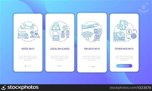 Telecommunication abroad onboarding mobile app page screen with concepts. WI-fi and local SIM-card walkthrough 4 steps graphic instructions. UI vector template with RGB color illustrations