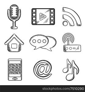 Telecommunication and multimedia icons with microphone, wi-fi, web, film, video, tablet, network and music notes. Sketch style. Telecommunication and multimedia sketched icons