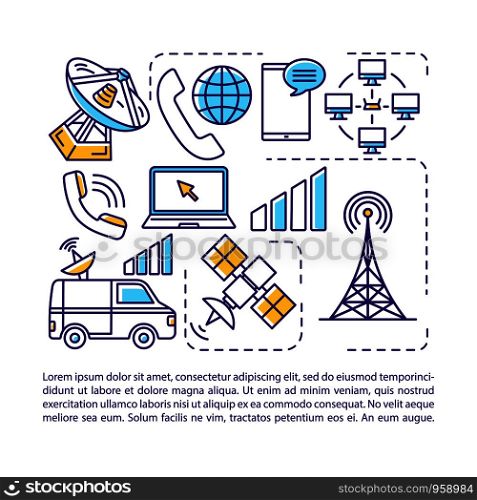 Telecommunication, broadcasting industry article page vector template. Brochure, magazine, booklet design element with linear icons and text boxes. Print design. Concept illustrations with text space