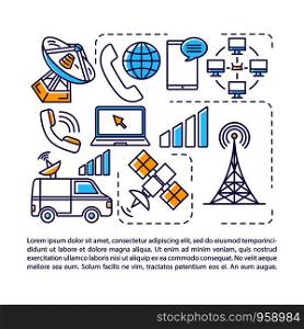 Telecommunication, broadcasting industry article page vector template. Brochure, magazine, booklet design element with linear icons and text boxes. Print design. Concept illustrations with text space