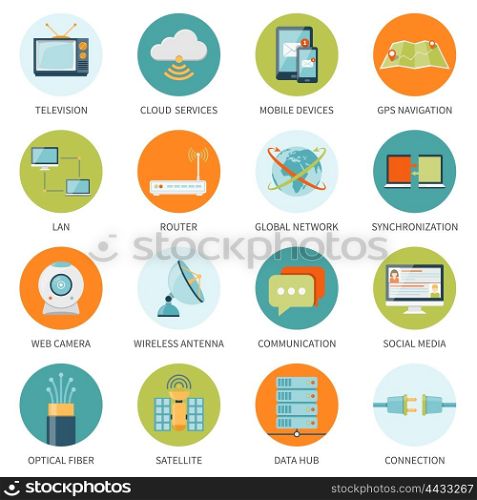 Telecommunication Icons In Colored Circles. Telecommunication network connection and mobile communication icons set in isolated colored circles with annotation flat vector illustration