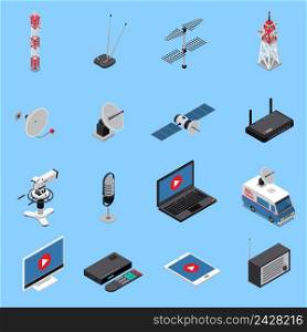 Telecommunication isometric icons set with broadcast equipment and electronic devices isolated on blue background 3d vector illustration. Telecommunication Isometric Icons Set