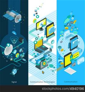 Telecommunication Isometric Vertical Banners. Telecommunication isometric vertical banners with global network elements modern communication equipment and cloud technology vector illustration