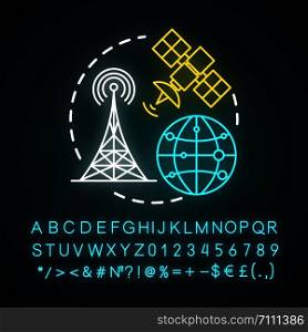 Telecommunication neon light concept icon. Overall network. Satellite connection. Global communication system idea. Glowing sign with alphabet, numbers and symbols. Vector isolated illustration