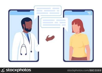 Telecommunication with therapist flat concept vector illustration. Online meeting with doctor. Editable 2D cartoon characters on white for web design. Creative idea for website, mobile, presentation. Telecommunication with therapist flat concept vector illustration