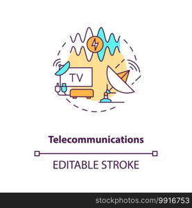 Telecommunications concept icon. Global information technology. Mobile network. Civil engineering idea thin line illustration. Vector isolated outline RGB color drawing. Editable stroke. Telecommunications concept icon