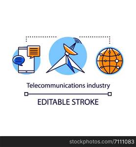 Telecommunications industry concept icon. Global communication service. Information exchange technology. Telecom system idea thin line illustration. Vector isolated outline drawing. Editable stroke