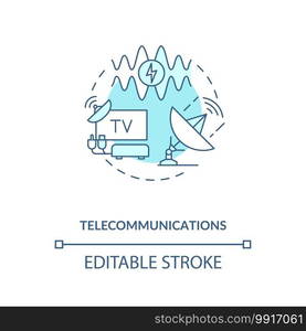 Telecommunications turquoise concept icon. Global information technology. Mobile network. Civil engineering idea thin line illustration. Vector isolated outline RGB color drawing. Editable stroke. Telecommunications turquoise concept icon