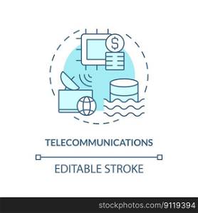 Telecommunications turquoise concept icon. Telecom industry. Data lake use case abstract idea thin line illustration. Isolated outline drawing. Editable stroke. Arial, Myriad Pro-Bold fonts used. Telecommunications turquoise concept icon