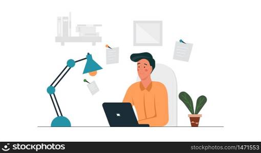 Telecommuting business job man concept vector illustration with laptop. Computer technology remote working from home. Online freelance network desk workplace with chair. Sitting telework distance