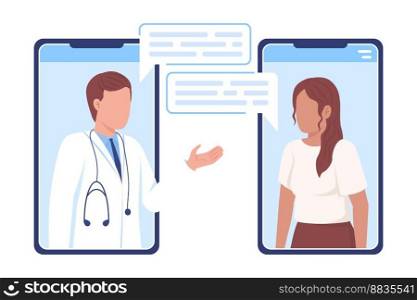 Telecommuting with therapist flat concept vector illustration. Internet meeting with doctor. Editable 2D cartoon characters on white for web design. Creative idea for website, mobile, presentation. Telecommuting with therapist flat concept vector illustration