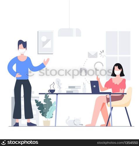 Teleconference for business locked down. Work from home stay at home. People wearing mask. Covid-19 coronavirus outbreak concept. Flat design abstract people vector EPS10.