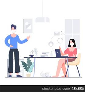 Teleconference for business locked down. Work from home stay at home. People wearing mask. Covid-19 coronavirus outbreak concept. Flat design abstract people vector EPS10.