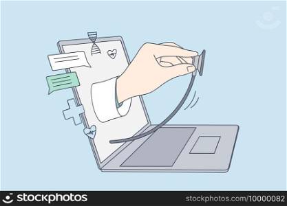 Telehealth, Online doctor, Virtual healthcare concept. Hand of doctor medical worker with stethoscope examining remote patient from laptop screen making online consultation illustration. Telehealth, Online doctor, Virtual healthcare concept