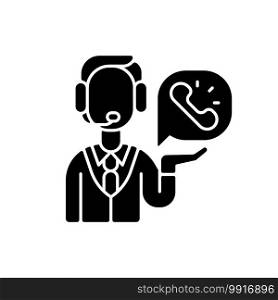 Telemarketing black glyph icon. Method of direct marketing in which salesperson proposes customers to buy products or services. Silhouette symbol on white space. Vector isolated illustration. Telemarketing black glyph icon