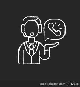 Telemarketing chalk white icon on black background. Method of direct marketing in which salesperson proposes customers to buy products or services. Isolated vector chalkboard illustration. Telemarketing chalk white icon on black background