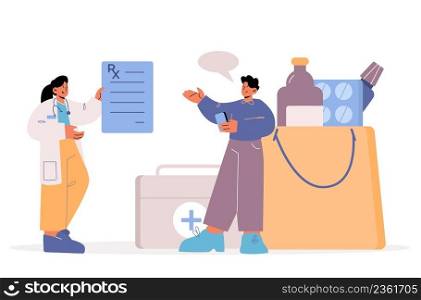 Telemedicine and digital pharmacy concept. Online purchase of medicines flat cartoon vector illustration. Doctor gives to patient RX prescription and he buys pills using mobile phone.. Telemedicine and online pharmacy concept