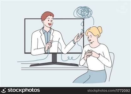 Telemedicine and online medical support concept. Young woman cartoon character sitting and getting medical support from virtual doctor online from remote visit vector illustration . Telemedicine and online medical support concept