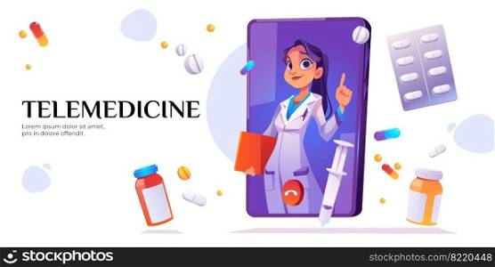 Telemedicine banner. Medical online consultation with doctor on mobile phone screen. Vector landing page of telehealth services with cartoon smartphone, call with nurse, pills and drugs. Medical online consultation, telemedicine