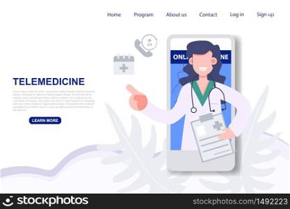 Telemedicine consulting doctor on mobile phone from anywhere. online medicine consultant concept vector illustration during covid-19 coronavirus outbreak. Health care and medical technology. Abstract flat character. Landing page vector illustration
